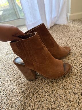 Dolce Vita Chestnut Brown Suede Peep-Toe Block Heel Ankle Boots